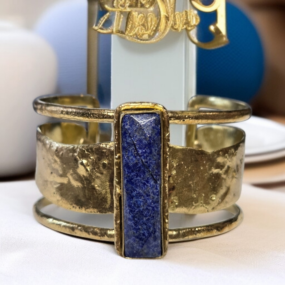 18k Gold Plated Artisan Genuine Lapis Lazuli Stone Cuff Bracelet